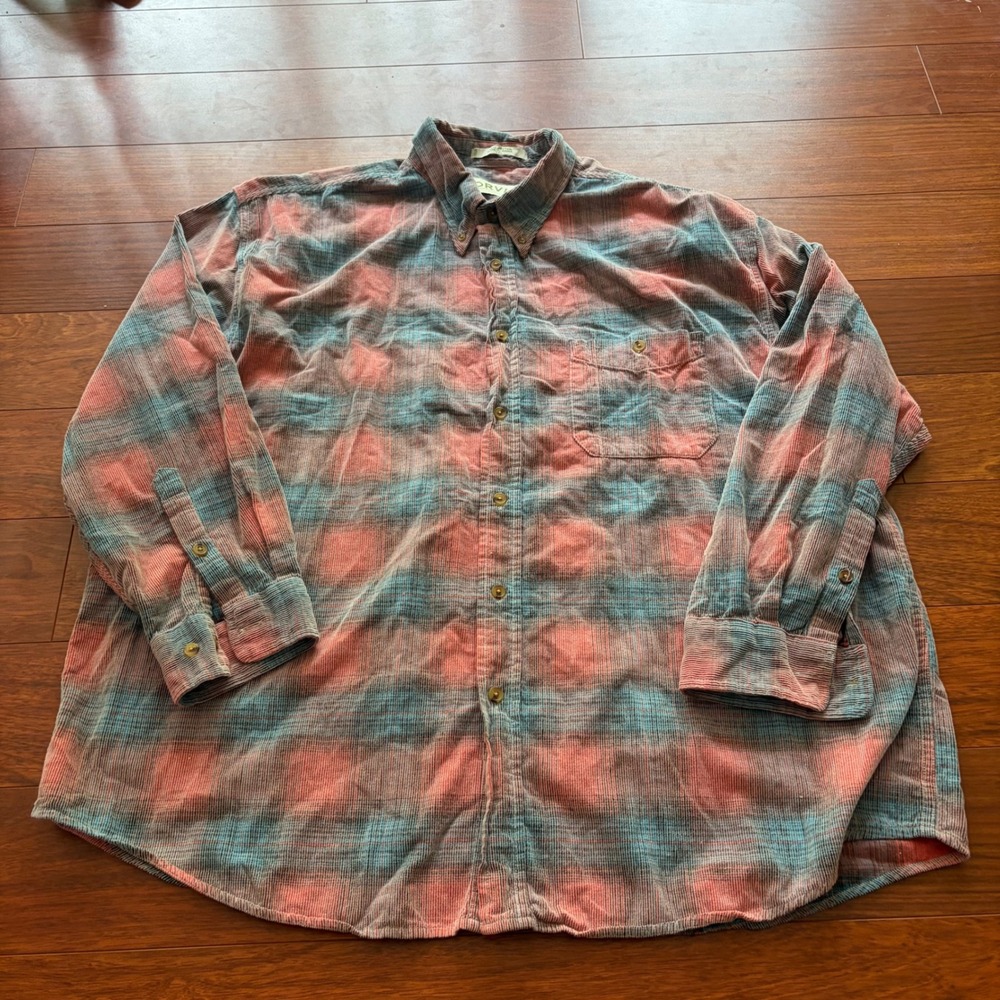 Orvis Vintage Plaid Corduroy Button Down Shirt XXL Pink Blue Cotton Long Sleeve